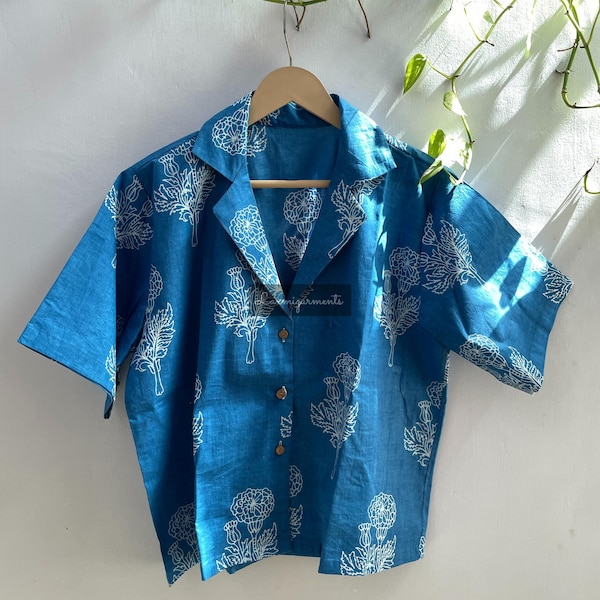 Summer Shirt , Cotton Printed Light Blue Coloured Loose Fit Shirt , Summer Floral Print Collared Shirt .