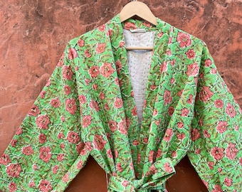 Floral Printed Cotton Kantha Kimono Robe, Green Quilted Winter Coat