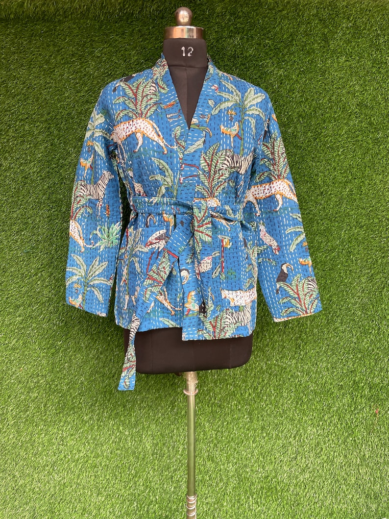 Winterwear Cotton Kimono Jacket, Cotton Quilted Blue Coloured Tiger Printed Kantha Free Size