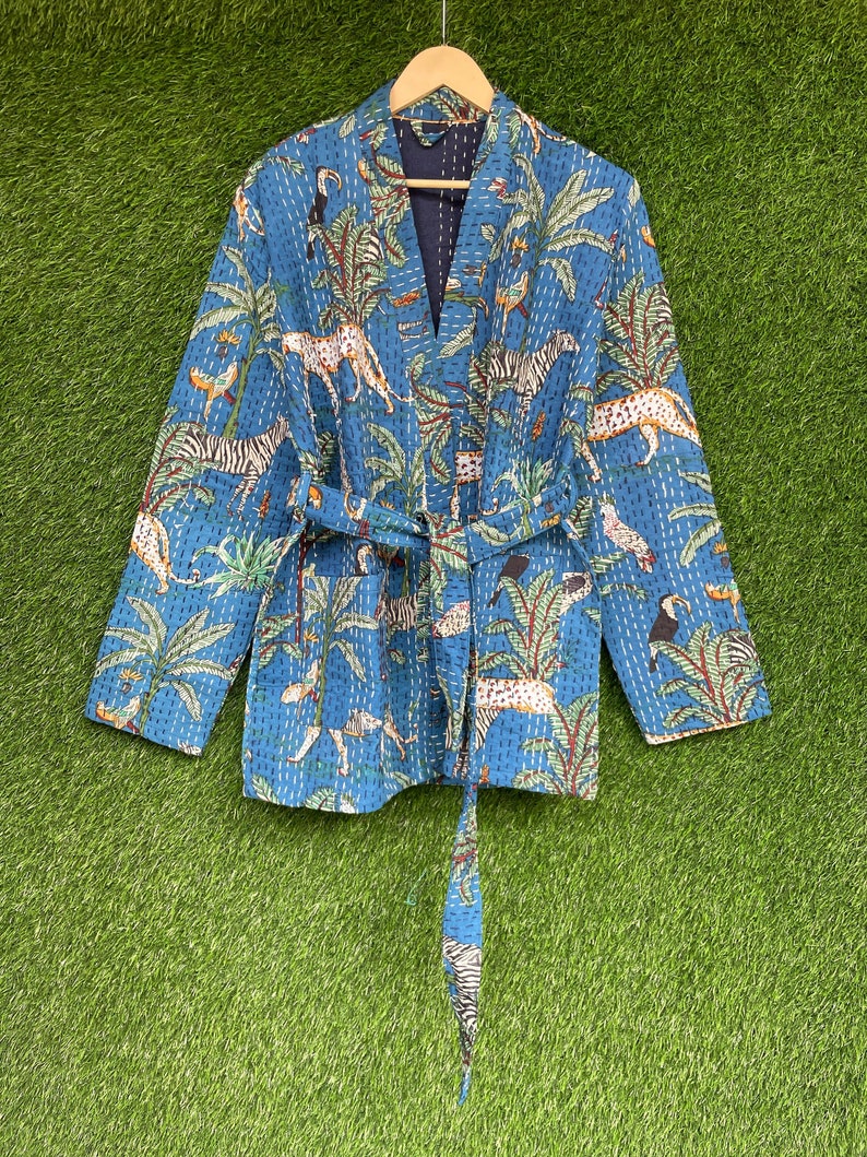 Winterwear Cotton Kimono Jacket, Cotton Quilted Blue Coloured Tiger Printed Kantha Free Size