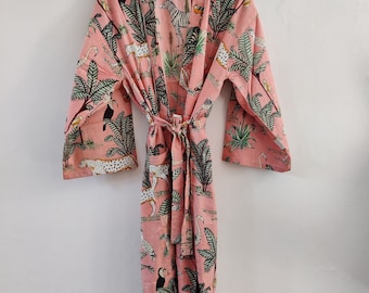 Cotton Pink-Coloured Safari Screen Printed Kimono Robe's .