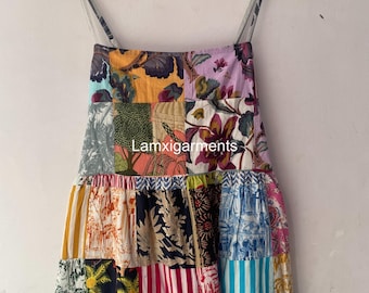 Vestido playero de algodón para mujer, estilo bohemio, con tirantes y estampado de patchwork, sin mangas, estilo playero, estilo playero, transpirable, ideal como regalo.