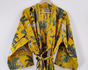 Cotton Yellow-Coloured Safari Screen Printed Kimono Robe's .