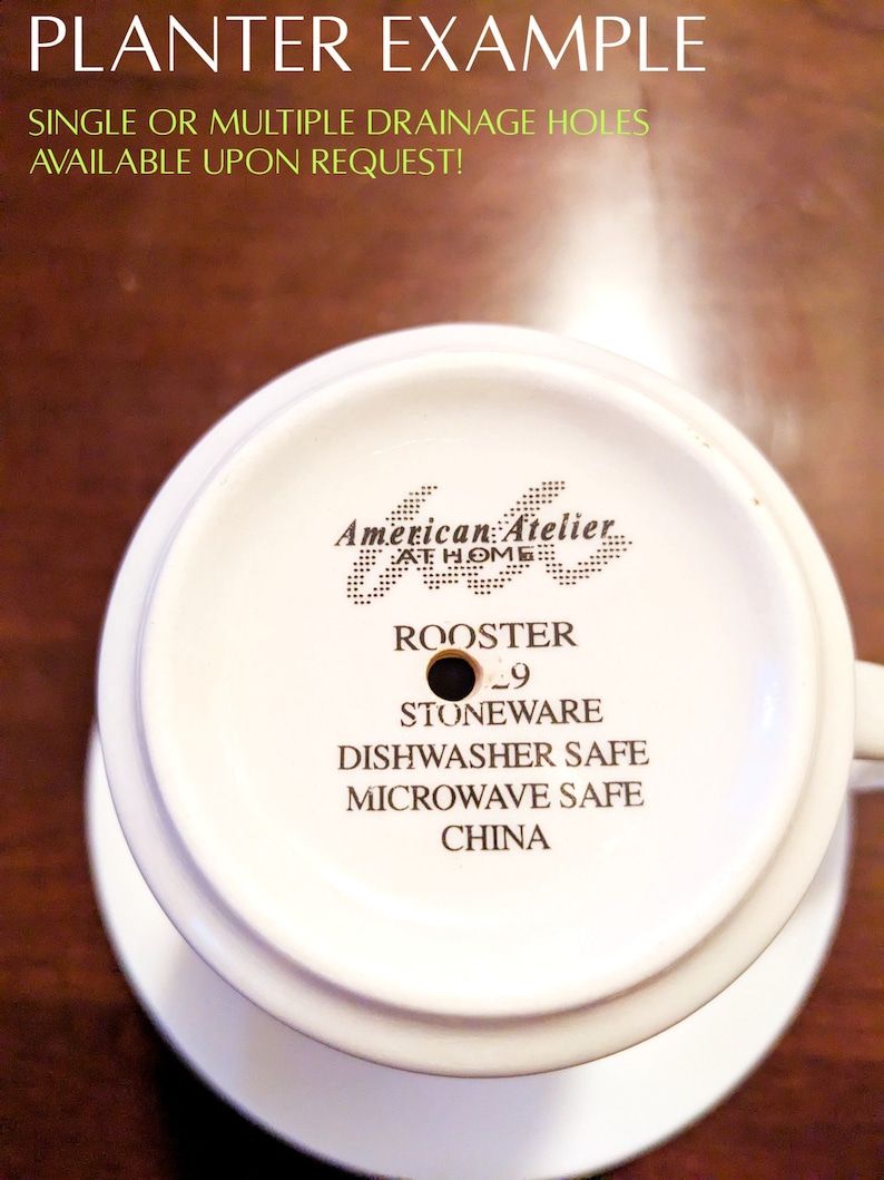 May include: White ceramic planter with a drainage hole, labeled "Rooster" and "American Atelier at Home". The planter is dishwasher and microwave safe and made of stoneware.