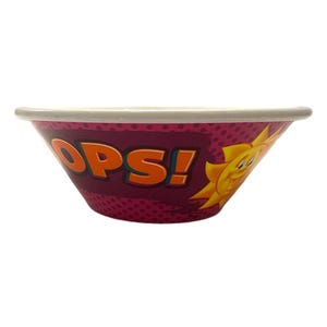 May include: A maroon bowl with the word "OPS!" in orange letters. A cartoon sun with a smiling face is on the right side of the bowl. The bowl has a white rim and is likely for serving food.