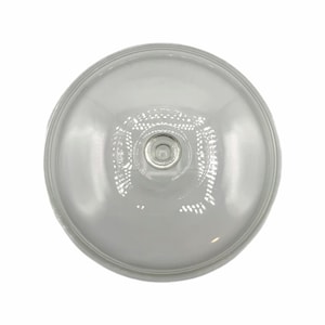 May include: A clear glass cake dome with a rounded top and a small, circular handle. The dome is designed to cover and protect baked goods. The glass is transparent, allowing a clear view of the contents.