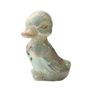 Antique Fenton Art White Opalescent Glass Duck Hand Painted Signed