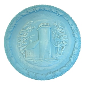 Vintage Fenton Christmas 1970 “The Little Brown Church in the Vale” Blue Satin Glass 8” Plate – Collectible – Milk Glass