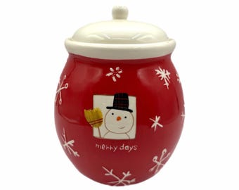 Vintage Hallmark Merry Days Snowman 7.5” Christmas Cookie Jar = Red & White