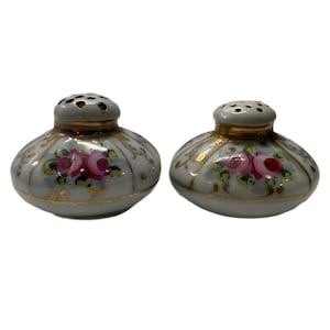 Antique Porcelain Round Salt & Pepper Shakers - Roses Leaves Gold