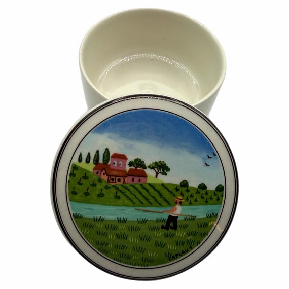 Vintage Villeroy & Boch Fisherman Design Naif Round Porcelain Trinket Box with Lid