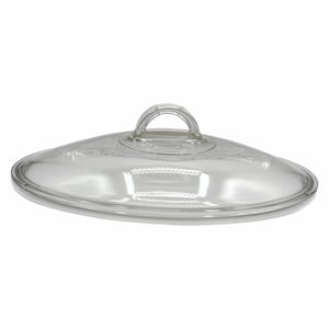 May include: A clear glass lid with a rounded oval shape and a small, arched handle. The lid is designed to fit on a pot or pan, and the clear glass allows visibility of the contents. The rim is slightly raised.