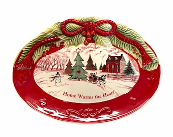 Plato ovalado de cerámica Fitz & Floyd “Home Warms the Heart” de 25 cm (10 pulgadas) - Edición navideña - Navidad