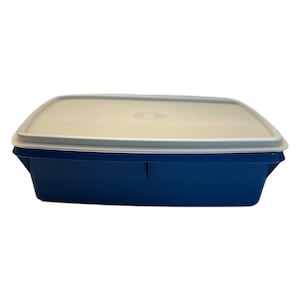 Puede incluir: Un recipiente rectangular azul oscuro para guardar alimentos con una tapa blanca. La tapa tiene un borde gris claro y un centro ligeramente translúcido. El recipiente está diseñado para el almacenamiento y la organización de alimentos.