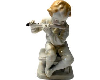 Antique Boy Playing Flute Instrument Porcelain Figurine