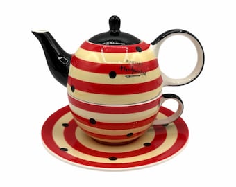 Vintage 1980s Whittard of Chelsea Hand-Painted “Tea for One” Stacking Teapot & Cup Set – Red White / Black Polka Dots