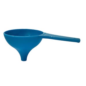 May include: A bright blue plastic funnel with a long handle. The funnel has a wide, circular opening that tapers down to a narrow spout. The handle extends horizontally from the side of the funnel, providing a grip for easy use.