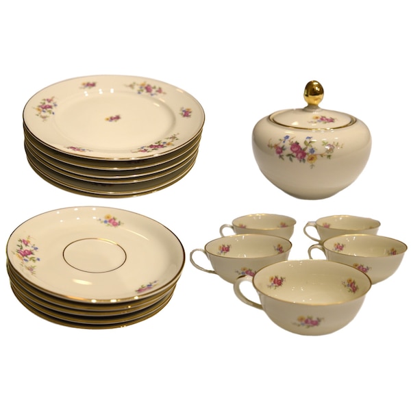 17-Piece Vtg Johann Haviland Bavaria E625 Dinnerware Tea Set - Pink Yellow & Blue Flowers Gold Trim