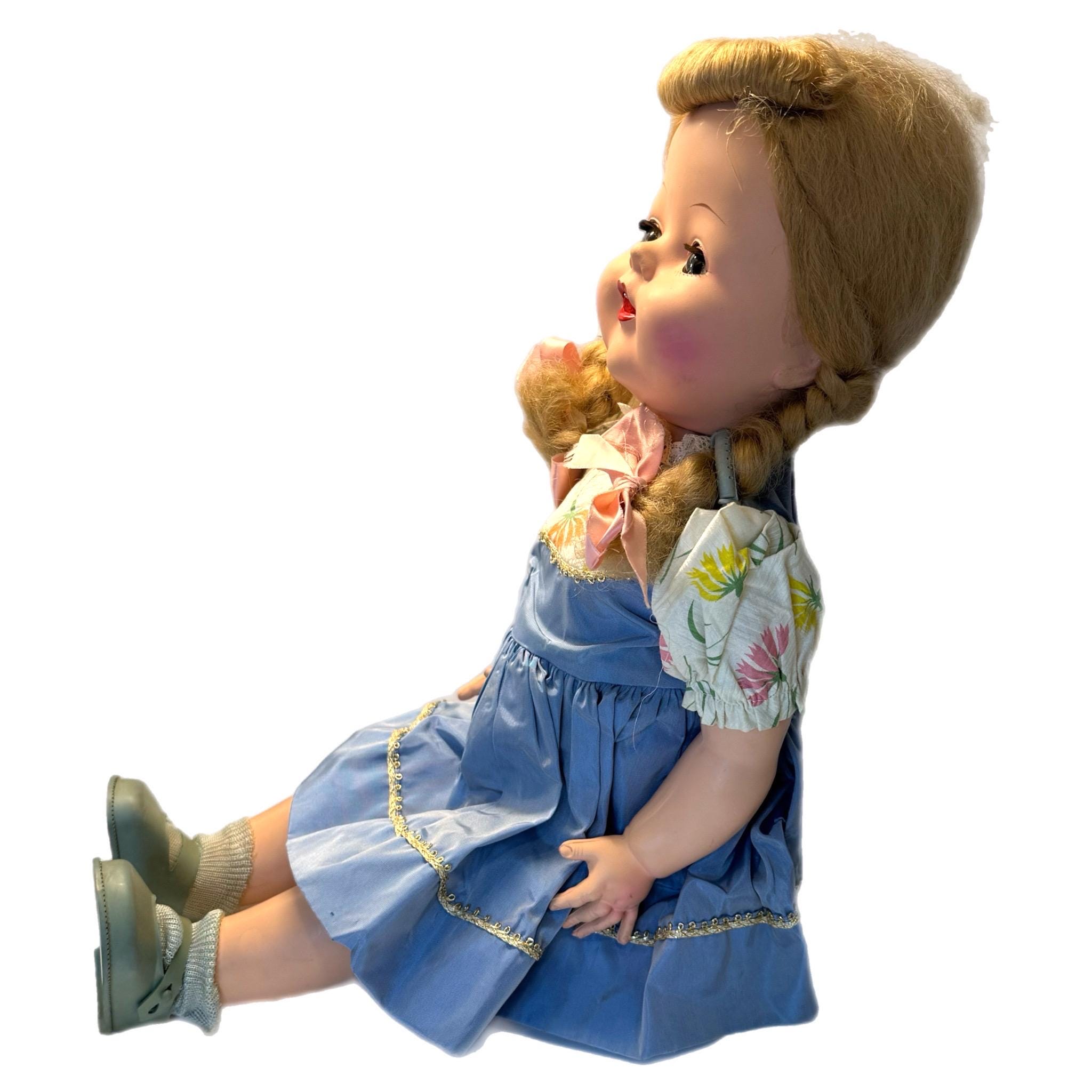1950s Antique 22” Large Plastic Doll – Blue Dress – Green Shoes