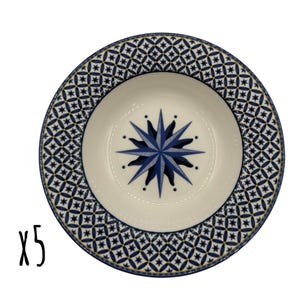 May include: A set of five white ceramic bowls with a navy blue compass rose design in the center. The bowls have a navy blue and white star pattern around the rim. The text "x5" is in black on the left side.