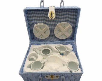 Vintage Delton’s Kid’s Tea Set in Powder Blue Wicker Basket – Incomplete
