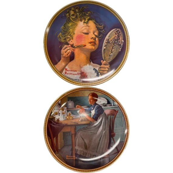 Norman Rockwell 飾り皿 絵皿 インテリア アンティーク Set of 2 Vintage Norman Rockwell Making Believe at the Mirror +