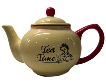 1960年代 limited   <tea time> Vintage Tea Time Yellow Red Ceramic Teapot & Lid - Etsy