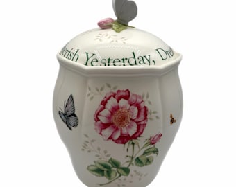 Tarro/recipiente de porcelana vintage Lenox Butterfly Meadown Sentiment de 25 cm (10 pulgadas) - Raro