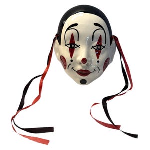 Vintage Handmade Bourbon Street Mardi Gras Clown Face Ceramic Mask with Ribbons