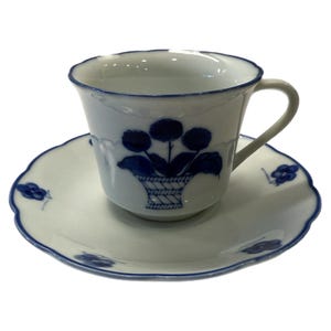 Vintage Chinese Blue & White Floral Ceramic Teacup + Saucer Set