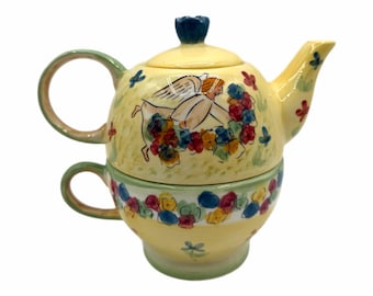Set da tè/tazza individuale Vintage Mesa International Harmony Heart giallo, composto da 3 pezzi – Tè per una persona – Impilabile