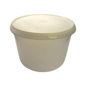 May include: A cream-colored, round plastic container with a matching lid. The container has a slightly tapered shape and a smooth surface. The lid fits snugly on top, creating an airtight seal. Ideal for food storage.