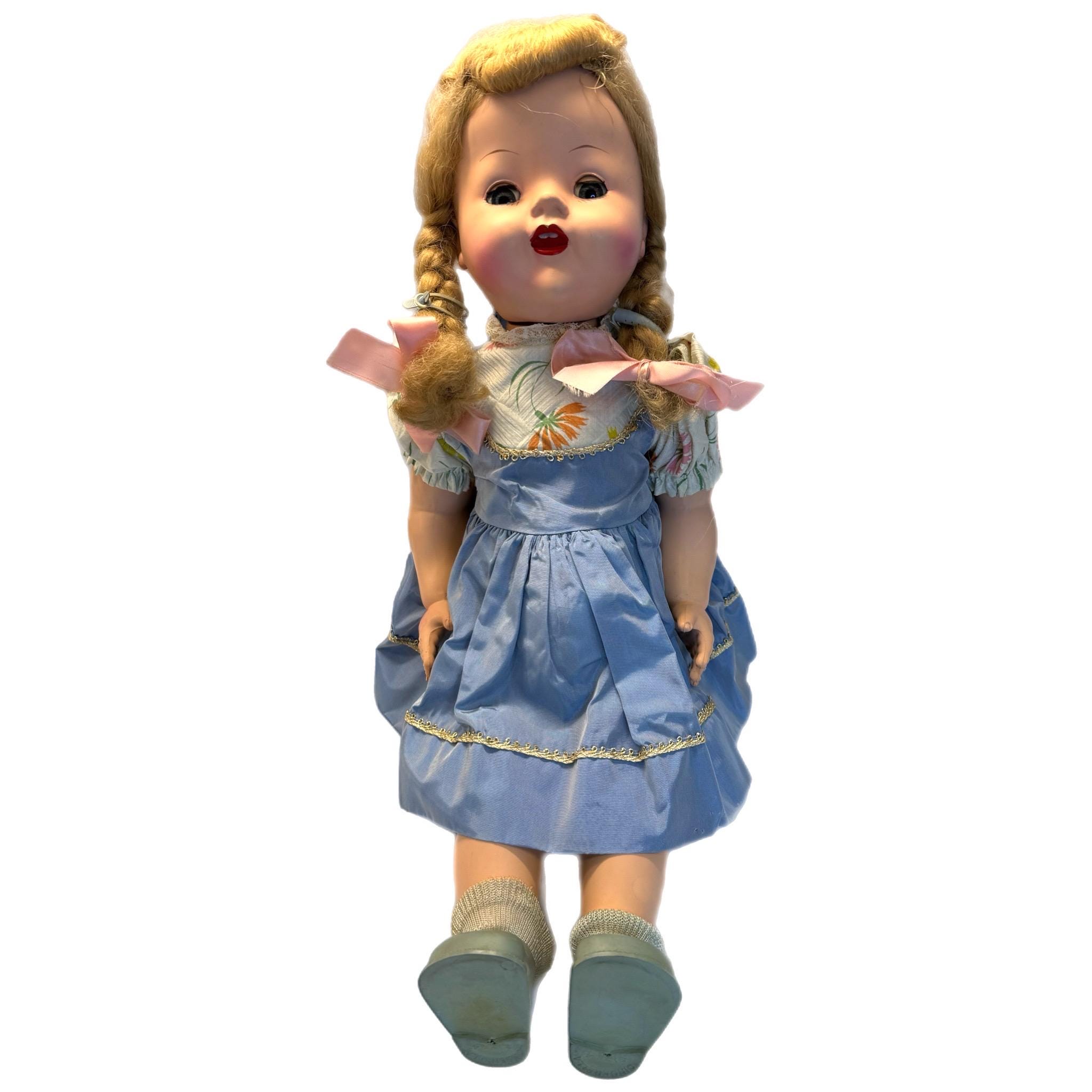 1950s Antique 22” Large Plastic Doll – Blue Dress – Green Shoes