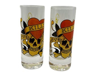 Juego de 2 vasos de chupito dobles vintage Ed Hardy Love Kills Slowly