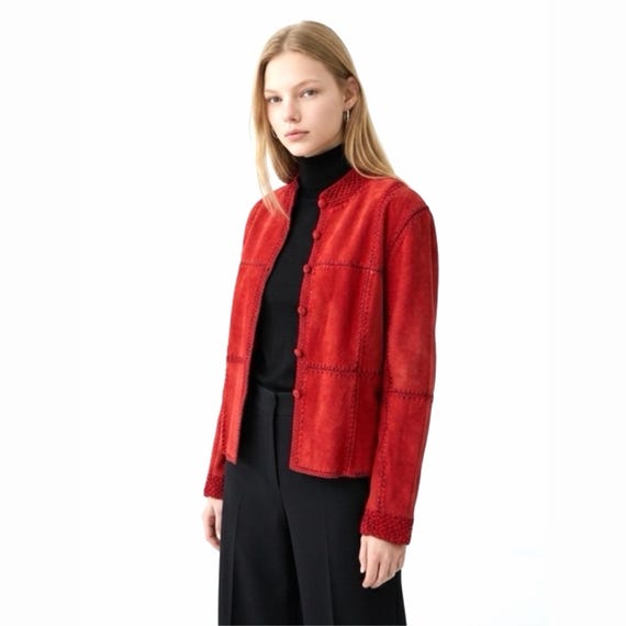 Vintage SMH Boutique Red Suede Leather Patchwork Crochet Jacket - Medium