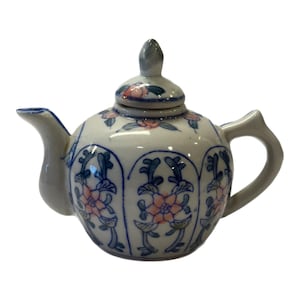 Vintage Chinese Blue White Pink Mini Ceramic Teapot + Lid