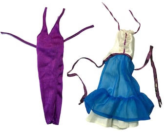 Vintage 1980s Barbie Fashion Favorites Blue Summer Dress #3788 & Fashion Fantasy #5544 Purple Halter Dress