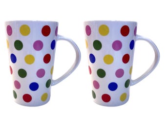 Set of 2 Kent Pottery Rainbow Polka Dot Tall Ceramic Coffee Mug