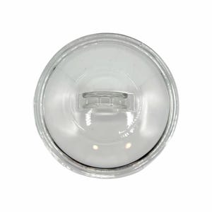May include: A clear, round glass lid with a small, rectangular handle in the center. The lid is designed to fit on a pot or pan, and the transparent material allows for easy viewing of the contents.