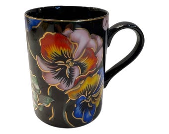 Fitz & Floyd Black Pansies Ceramic Coffee Tea Mug
