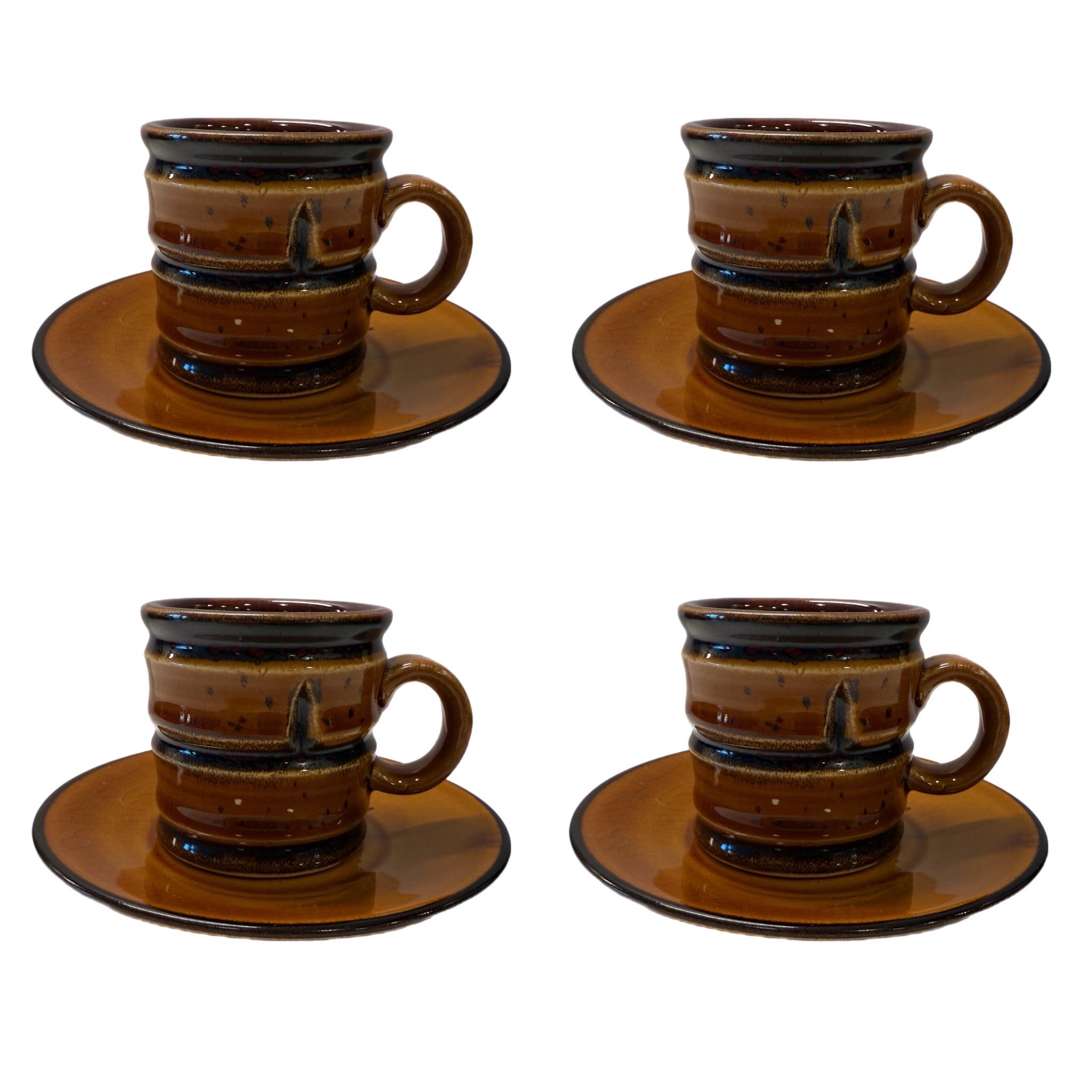 Set of 4 Vintage Handmade Brown Light Brown Ceramic Espresso Coffee Cups & Saucers