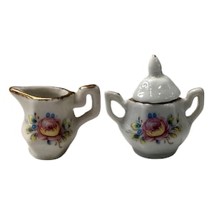 Set of 2 Vintage Miniature Sugar + Creamer Ceramic Figurines