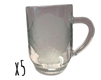 Set of 5 Vintage Seashell Clear Etched Glass Mugs – Made in France – Coffee Tea