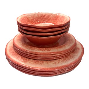 12-Piece Topmela Coral Pink Melamine Dinnerware – Bowls – Dinner Plates – Salad Plates