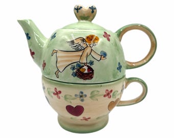 Juego individual de tetera y taza de 3 piezas Vintage Mesa International Harmony Heart Green – Para una persona – Apilable