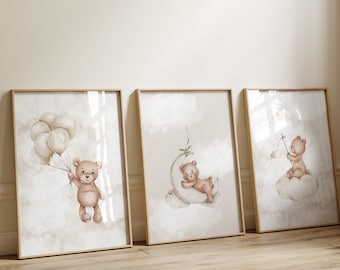 Impresiones de nubes neutrales de osito de peluche, conjunto de 3, descarga instantánea.