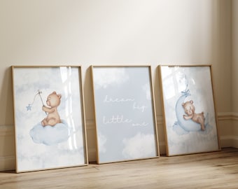 Dream Big Little One, Teddy Bear Neutral Cloud Prints, Conjunto de 3, Azul oscuro, Descarga instantánea.