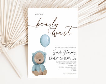 Plantilla Baby Shower, Plantilla Canva, Editable, Oso Bebé, Neutral, Niño, Descarga Instantánea, Podemos esperar