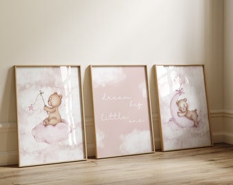Dream Big Little One, Teddy Bear Neutral Cloud Prints, Conjunto de 3, Rosa oscuro, Descarga instantánea.