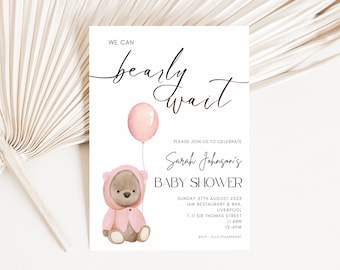 Plantilla Baby Shower, Plantilla Canva, Editable, Oso Bebé, Neutral, Rosa, Descarga Instantánea, Podemos esperar
